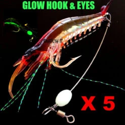 5 Pack Rigged Shrimp Soft Plastic Lures With Lumo Bead And Wire For Flathead Bream Cod Bass
